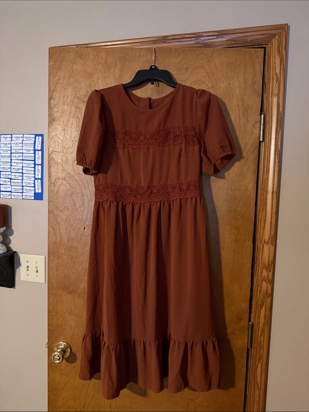 Women's Rust Brown Midi Dress with Lace Trim